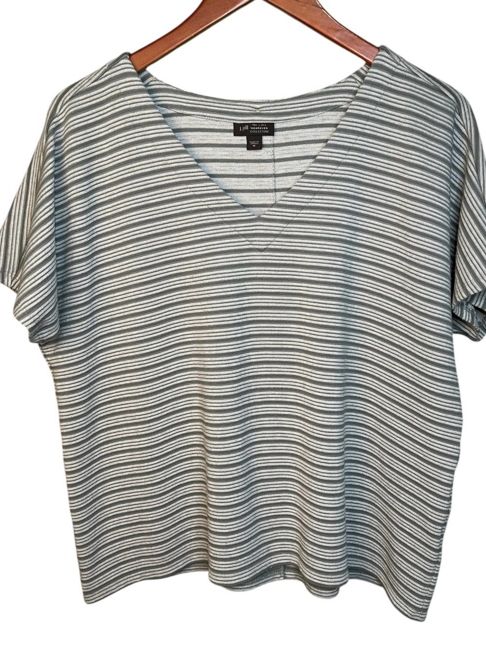 J. Jill Wearever Collection Striped V-Neck Dolman Top Sage green white Women’s M